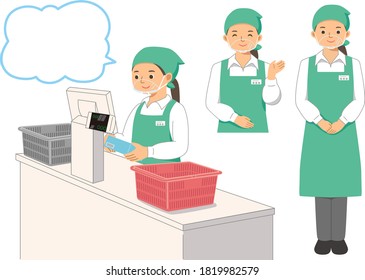 A female supermarket clerk wearing a mouth shield.