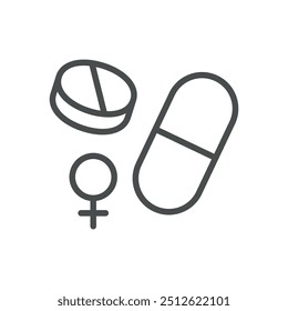 Ícone de suplementos femininos. Ilustração de Linha Simples de Pílulas e Símbolo Feminino, Representando Saúde da Mulher, Suporte Nutricional e Vitaminas para Mulheres.