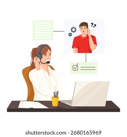 Agente de Asistencia femenina con auriculares que ayudan al Cliente masculino confundido a través de la computadora portátil, estilo de dibujos animados sobre fondo blanco. Concepto de Asistencia tecnológica. Ilustración vectorial