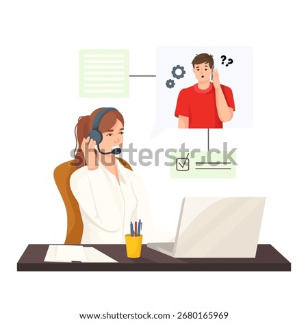 Female support agent with headset assisting confused male customer via laptop, cartoon style on white background. Concept of tech support. Vector illustration