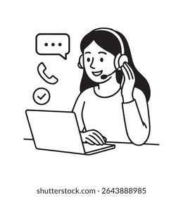 Female support agent with headset working online in simple line illustration