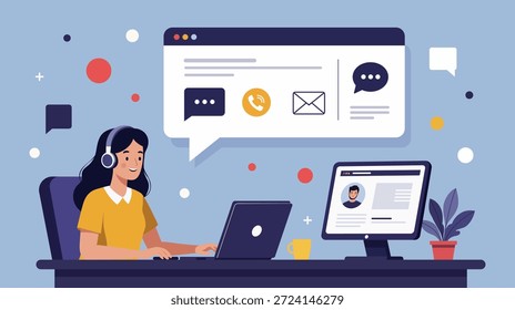 Female support agent with headset working on laptop and computer