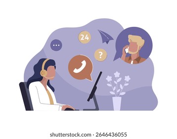 Agente de suporte feminino usando um fone de ouvido para ajudar o cliente através de uma chamada de computador. Ilustração vetorial do serviço de atendimento ao consumidor