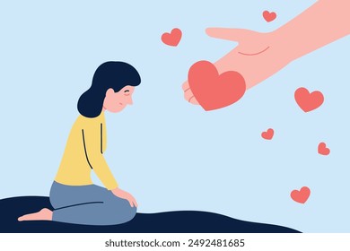 Female support. Human hand holding heart and sharing love with sad woman. Kindness empathy or helping, friendship, therapy and hope recent vector scene