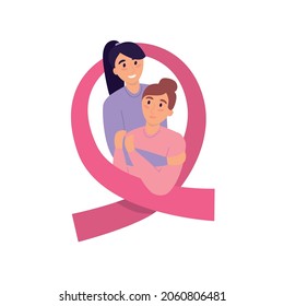 Female supports woman with breast cancer diagnosis in pink ribbon. Awareness campaign. Vector illustration in flat style.