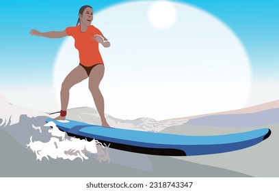 Una surfista está en acción en una tabla de surf sobre un fondo azul del cielo. Ilustración de las vacaciones de verano en la playa y clases privadas de surf