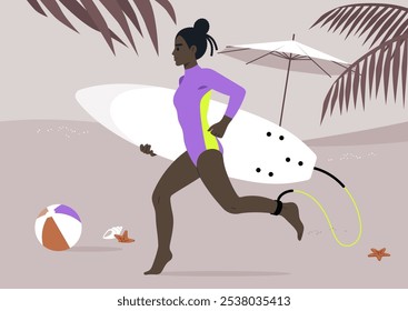 Una surfista femenina, vestida con un colorido hidrotraje, corre hacia el océano, tabla en mano, rodeada de una pelota de playa y la atmósfera acogedora de una costa soleada