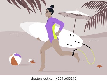 Una surfista femenina, vestida con un colorido hidrotraje, corre hacia el océano, tabla en mano, rodeada de una pelota de playa y la atmósfera acogedora de una costa soleada