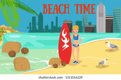 Female surfer flat character. Young woman with surfboard and seagulls. Surfing advertising. Summertime activities. Holidaymaker, tourist cartoon illustration. Beach time lettering. Banner concept