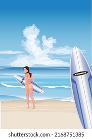A female surfer heads out to the ocean with a surfboard in one hand.vector illustration