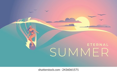 Female surfer on sunset wave. A landscape of a tropical paradise. Evening sea of pink-purple colors. Summer sports and vacations. Vector illustration