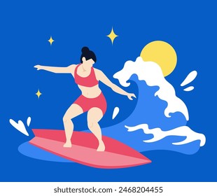 Female surfer on a wave - modern colored vector illustration with a sportswoman who tames the water element standing on the board. Active holidays in Australia, summer activity and fun idea