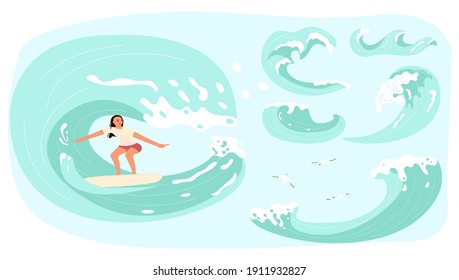 Female surfer rides the Barreled Rushing Wave. Set of surfing waves with splashes isolated on white background. Flat Art Vector illustration