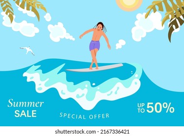 Female surfer rides the Barreled Rushing Wave. Super Summer Sale bright colorful banner. Flat Art Vector illustration