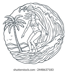Female surfer rides ocean waves, exemplifying tropical exotic beach fun. Extreme girl on surfboard for design of summer beach life. Active woman on surf board and wave for surfing or sea sport.