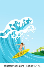 Female surfer rides on a big wave in summer ocean - copy space
