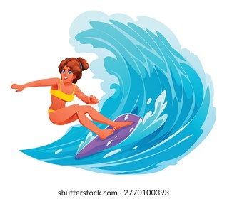 Female surfer riding inside massive ocean barrel wave showing extreme sport skills. Vector cartoon character illustration