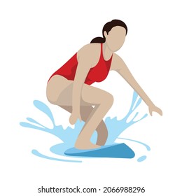 A female surfer riding the wave with her surf board. Watersports illustration.