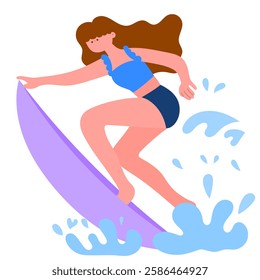 Female surfer riding a wave on surfboard, summer sport, flat vector illustration