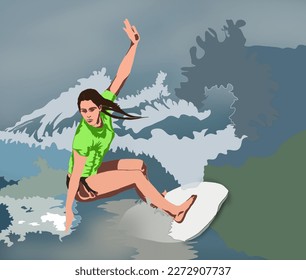 female surfer is riding the waves in the ocean