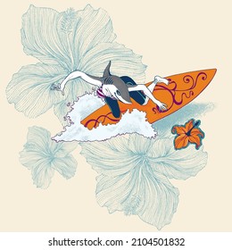 Female surfer shark on a wave with hibiscus flowers on the background. Shark woman mascotte of a surf team.