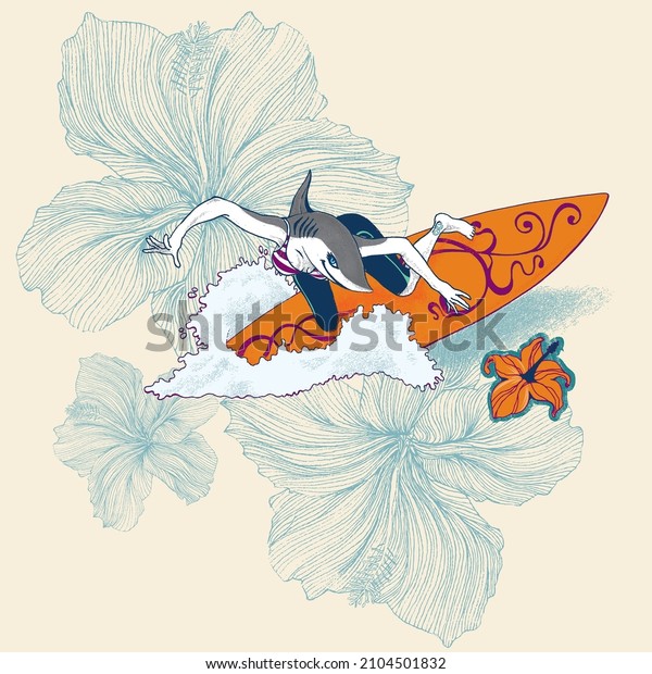 Female surfer shark\
on a wave with hibiscus flowers on the background. Shark woman\
mascotte of a surf\
team.