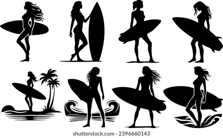 Female Surfer Silhouette Female Surfer With Surfboard Vector