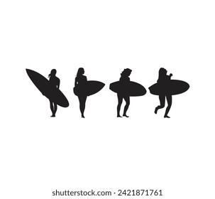 Female surfer silhouette vector set collection 