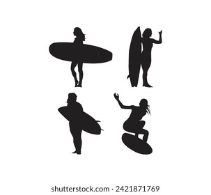 Female surfer silhouette vector set collection 