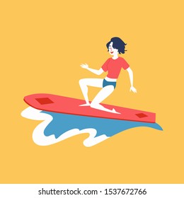 Female surfer standing on surfboard with one knee - skinny girl trying to surf on a wave. Cartoon woman balancing her weight on red board - isolated flat vector illustration