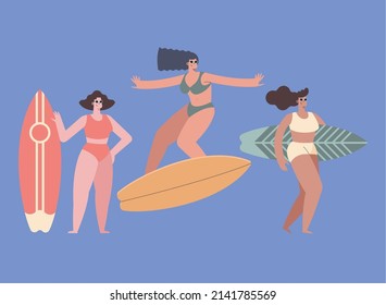 female surfers sporters characters group