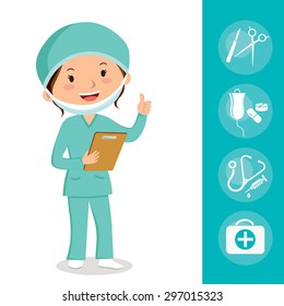 Female surgeon. Cheerful surgeon with medical icons.