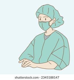 Female surgeon in operating , wearing face mask and disposable bouffant cap. Hand drawn flat cartoon character vector illustration.