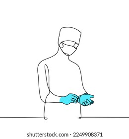 female surgeon putting on gloves - one line drawing vector. woman doctor in a mask, medical mask puts on gloves