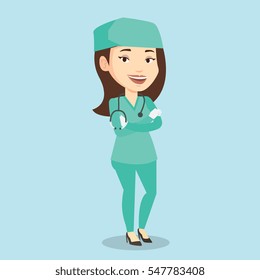 Female Surgeon Standing With Arms Crossed. Young Caucasian Confident Surgeon In Medical Uniform. Happy Female Surgeon With Stethoscope On Her Neck. Vector Flat Design Illustration. Square Layout.