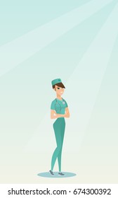 Female surgeon standing with arms crossed. Young caucasian confident surgeon in medical uniform. Happy female surgeon with a stethoscope on her neck. Vector flat design illustration. Vertical layout.
