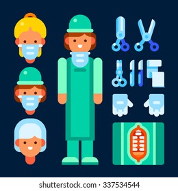 Female surgeon and surgical tools: scissors, scalpel, clamp, bandage, gloves. Vector flat illustration. Isolated objects.