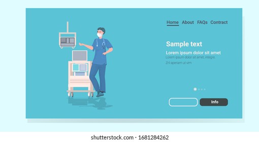female surgeon using medical equipment doctor in uniform hospital worker full length copy space horizontal vector illustration