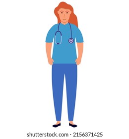 Female surgeon.Doctor man in uniform.Avatar of young smiling doctor.Medical scrubs and cap.Medic worker or practitioner.Vector flat illustration.