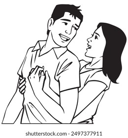A female surprising her male partner by huging from behind. Illustration in black and white and vector format.