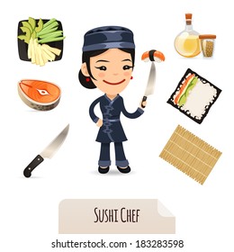 Female Sushi Chef Icons Set. In the EPS file, each element is grouped separately. Isolated on white background.