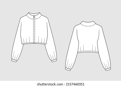 Female sweatshirt hoodie bomber jacket with zipper vector template isolated on a white background. Front and back view. Outline fashion technical sketch of clothes model.