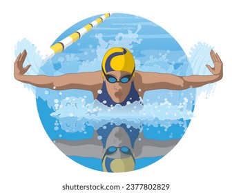 female swimmer in a butterfly stroke competing in pool with reflection