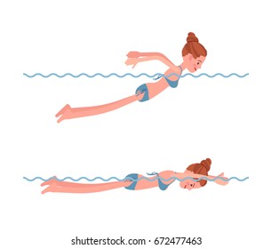Female swimmer in butterfly swimming style set, difficult and exhausting stroke tutorial, challenge for athlete and summer fun. Vector flat style cartoon illustration, isolated, white background