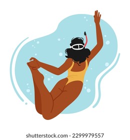 Female Swimmer Character Gracefully Glides Through Water, Arms Extended, Body Streamlined. She Descends Into The Depths With Ease, Exploring A World Beneath The Surface. Cartoon Vector Illustration