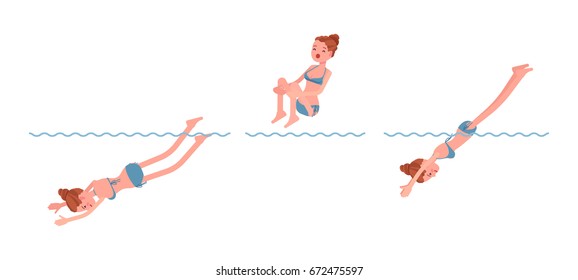 Female Swimmer Jumping Into Water, Cannon Ball, Classic Pool Sea Swimming Performance, Summer Sport Activity, Lessons For Safe Fun. Vector Flat Style Cartoon Illustration, Isolated, White Background