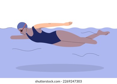 Female swimmer participating in sport competition vector isolated. Woman with amputated leg and arm swimming. Professional sportsman.