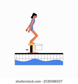 Nadadora que se prepara para bucear en el tablero de la piscina en la Ilustración vectorial plana que simboliza la natación, la competencia, y el rendimiento atlético, aislado en el fondo blanco.