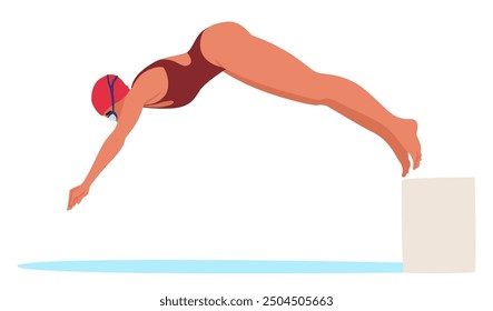 Female Swimmer In Red Swimsuit Diving Into The Pool. Cartoon Swimmer Wears Swim Cap And Goggles, Showing Competitive Spirit And Athleticism. Vector Image Captures Moment Of Entry Focus On Fluid Motion