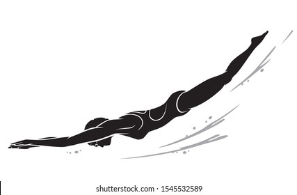 Female Swimmer Silhouette, Dive Underwater.